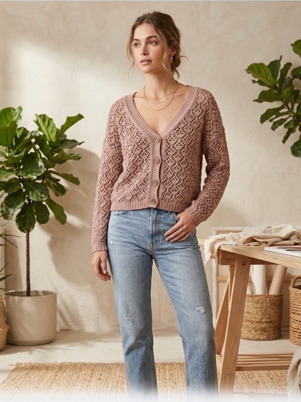 Artelier Nicole Miller Open-Knit Button Cardigan Sweater 0243 B3